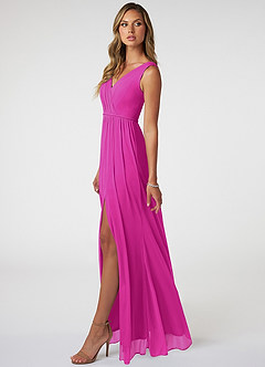 Azazie Tanicia Bridesmaid Dresses Fuchsia A-Line V-Neck Pleated Mesh Dress image7