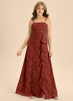 Azazie Kaylee Junior Abito A-Line in Burnout Floreale Con Cintura Terracotta image4
