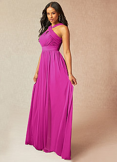Azazie Hillian Vestidos de damas de honor Vestido de Fucsia de Malla de Corte en A con Halter Plisado image3
