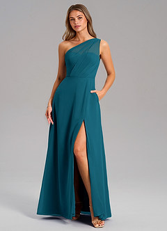 Azazie Phaedra Jurken voor bruidsmeisjes Jurk van Chiffon met A-Lijn One-Shoulder Inkt Blauw image3