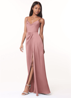 Azazie Brielle Bridesmaid Dresses Dusty Rose A-Line Cowl Spaghetti Straps Stretch Satin Dress image3