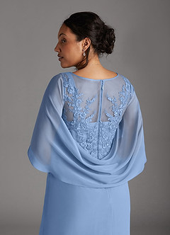 Azazie Hera At-home Try On Dresses Steel Blue A-Line Lace Capelet Chiffon Dress image10