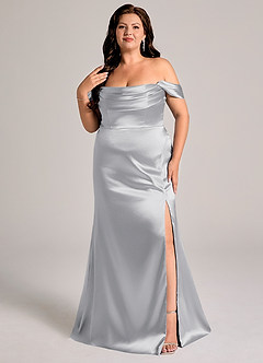 Azazie Saige 신부 들러리 드레스 쉬스 오프 더 숄더 메탈릭 새틴 바닥 길이 드레스 image11