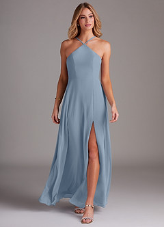 Azazie Bailey Bridesmaid Dresses Dusty Blue A-Line Halter Side Slit Chiffon Dress image4