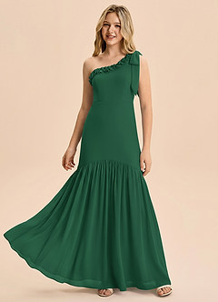 Azazie Yana Junior Vestido Verde Oscuro de Gasa de Corte Recto con Lazo image5
