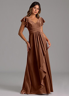 Azazie Omari Vestidos de damas de honor Vestido de Ocre Oscuro de terciopelo de Corte en A con Plisado image5