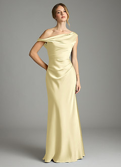 Azazie Emerson Bridesmaid Dresses Lemon Sorbet Mermaid Off the Shoulder Stretch Satin Dress image1