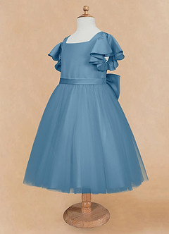 Azazie Kaeya Flower Girl Dresses Steel Blue A-Line Bow Tulle Dress image7