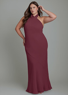 Azazie Velli Vestidos de damas de honor Vestido Cabernet de Gasa de Corte Sirena con Cuello alto image10
