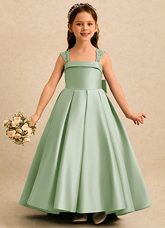 Azazie Genie Flower Girl Dresses Dusty Sage Ball-Gown Off the Shoulder Matte Satin Dress image3