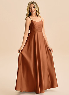 Azazie Rumi Junior Linia A Pofałdowany Satyna elastyczna Długość podłogi Młodsza druhna Sukienka image5