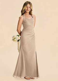 Azazie Destiny Junior Taupe Sheath Ruched Chiffon Dress image3