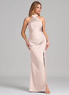 Azazie Karlotta Robes de demoiselle d'honneur Robe Fourreau en Satin extensible Plissée Rose Pâle image5