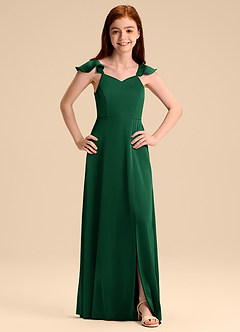 Azazie Everett Junior A라인 절하다 스트레치 새틴 플로어 길이 주니어 신부 들러리 드레스 image7