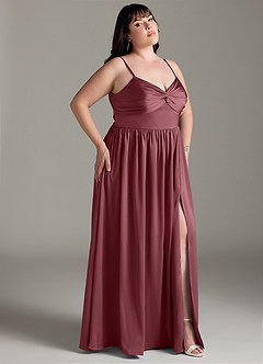 Azazie Zeya Robes de demoiselle d'honneur Robe Trapèze en Satin extensible Plissée Rose Du Désert image11