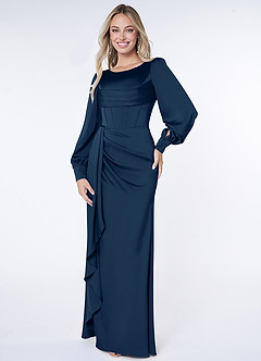 Azazie Raye Bridesmaid Dresses Dark Navy Mermaid Long Sleeve Stretch Satin Dress image1
