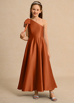 Azazie Guppy Girls Formal Flower Girl Dresses Burnt Orange A-Line One Shoulder Matte Satin Dress image3
