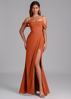 Azazie Johana Jurken voor bruidsmeisjes Converteerbaar Jurk van Chiffon met Zeemeermin Off the Shoulder Verbrande Sinaasappel image4