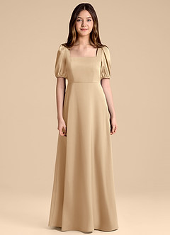 Azazie Briar Junior Vestido de Champán de Satén Elástico de Corte en A con Lazo image7