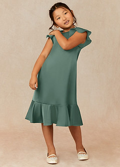 Azazie Sweet Pea Flower Girl Dresses Eucalyptus A-Line Ruched Stretch Satin Dress image1