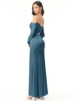 Azazie Hallie Vestidos de damas de honor Vestido de Bermudas de Satén Elástico de Corte Recto Convertible con Manga larga con hombros descubiertos image6