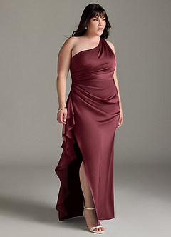 Azazie Latrice Bridesmaid Dresses Merlot Sheath One Shoulder Cascading Ruffles Stretch Satin Dress image9