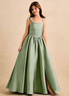 Azazie Enid Girls Formal Blomsterpigekjoler A-Line Perlebesat Stræk satin Gulv-længde Kjole image1