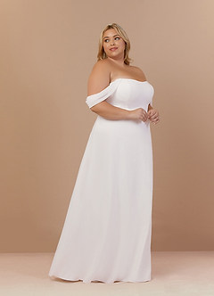Azazie Ava At-home Try On Dresses Diamond White A-Line Off the Shoulder Stretch Chiffon Dress image11