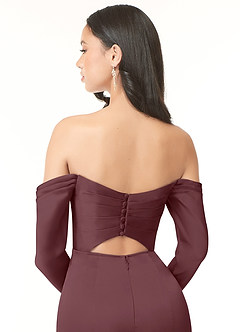 Azazie Hallie Bridesmaid Dresses Sangria Sheath Off-The-Shoulder Long Sleeve Stretch Satin Convertible Dress image7