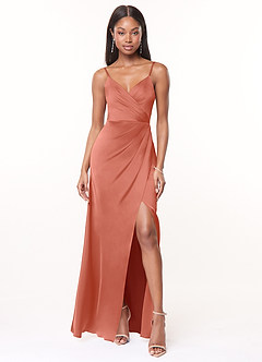 Azazie Maci Brautjungfernkleider A-Linie V-Hals Gefaltet Stretch-Satin Kleid Lachsrosa image1