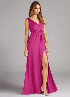 Azazie Tanicia Vestidos de damas de honor Vestido de Fucsia de Satén Elástico de Corte en A con Plisado image4