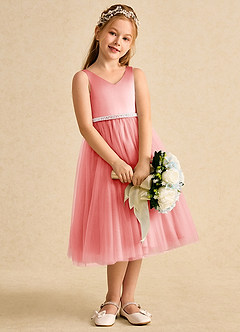 Azazie Firefly vestidos de niña de las flores Vestido de Coral de Satin Mate de Corte En A con Lazo image3