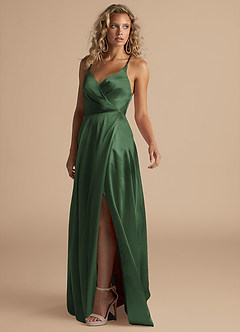 Azazie Davis Bridesmaid Dresses Eucalyptus A-Line Pleated Metallic Satin Dress image5