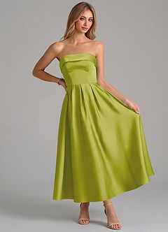 Azazie Lucienne Bridesmaid Dresses Lemongrass A-Line Pleated Stretch Satin Dress image5