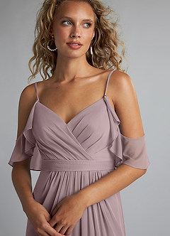 Azazie Fiena Final Sale Desert Rose A-Line V-neck Ruched Mesh Dress image6