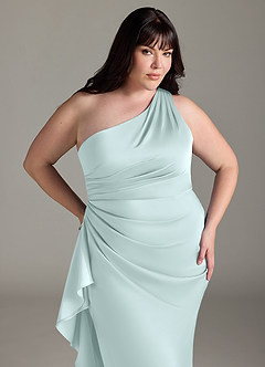 Azazie Latrice Bridesmaid Dresses Sea Glass Sheath One Shoulder Cascading Ruffles Stretch Satin Dress image10