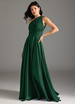Azazie Charlize Bridesmaid Dresses Dark Green A-Line One Shoulder Stretch Satin Dress image4