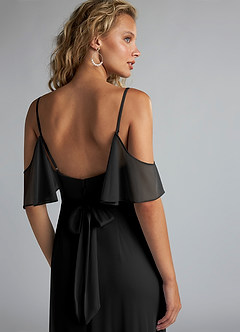 Azazie Fiena Final Sale Black A-Line V-neck Ruched Mesh Dress image5