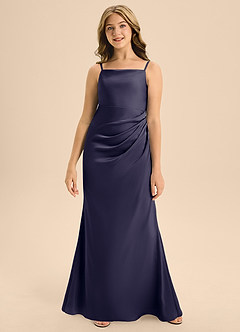 Azazie Renna Junior Robe Trapèze en Satin extensible Plissée Bleu Orageux image4