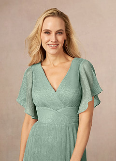 Azazie Kathryn Mother of the Bride Dresses Aquamarine A-Line V-Neck Flutter Sleeve Metallic Mesh Dress image4