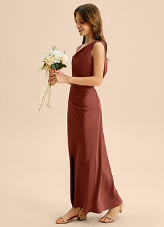 Azazie Madelyn Junior Osłona Zza ramienia Satyna elastyczna Długość podłogi Młodsza druhna Sukienka image3