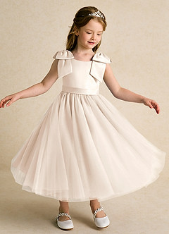 Azazie Serene vestidos de niña de las flores Vestido de Alabastro Blanco de Satin Mate de Princesa con Lazo image4