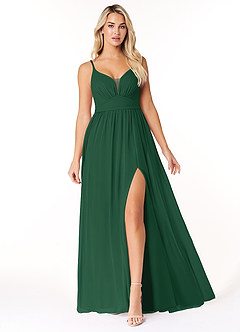Azazie Rayna Brautjungfernkleider A-Linie V-Hals Gefaltet Chiffon Kleid Dunkelgrün image1