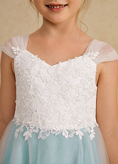 Azazie Momo Flower Girl Dresses Ivory Aqua A-Line Lace Dress image6