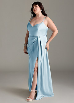 Azazie Brielle Bridesmaid Dresses Sky Blue A-Line Cowl Spaghetti Straps Stretch Satin Dress image10