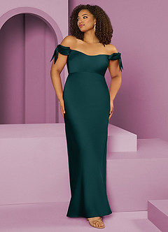Barbie ♥ Azazie Jurken voor bruidsmeisjes Converteerbaar Jurk van Stretch Satijn met Kolom Off the Shoulder Pijnboom image8
