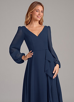 Azazie Simone Bridesmaid Dresses Dark Navy A-Line Long Sleeve Chiffon Dress image7