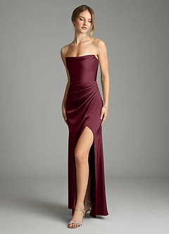Azazie Leonis Bridesmaid Dresses Cabernet Mermaid Pleated Stretch Satin Convertible Dress image1