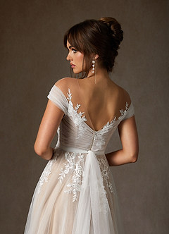 Azazie Cindy Wedding Dresses Diamond White Nude A-Line Illusion Off-The-Shouler Lace Tulle Dress image9