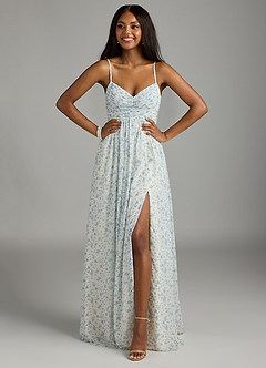 Azazie Alia Bridesmaid Dresses Blue And White Ditsy Floral A-Line Pleated Chiffon Dress image4